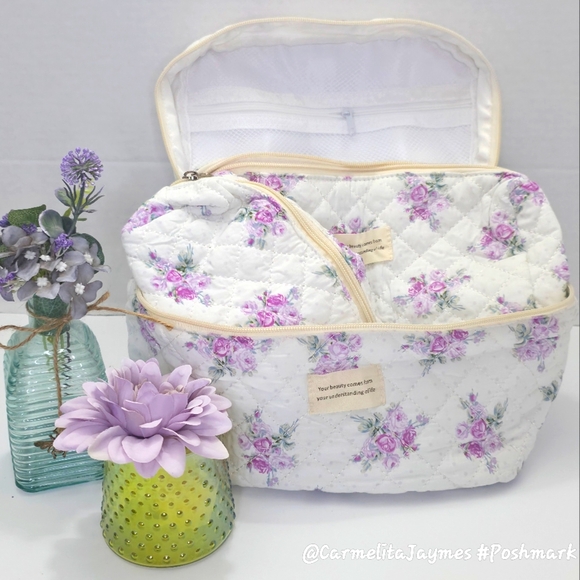 Floral Quilted 👝 3 pc XL Cosmetic Bag Set Travel Toiletry Makeup Organizer NWT - Picture 13 of 15
